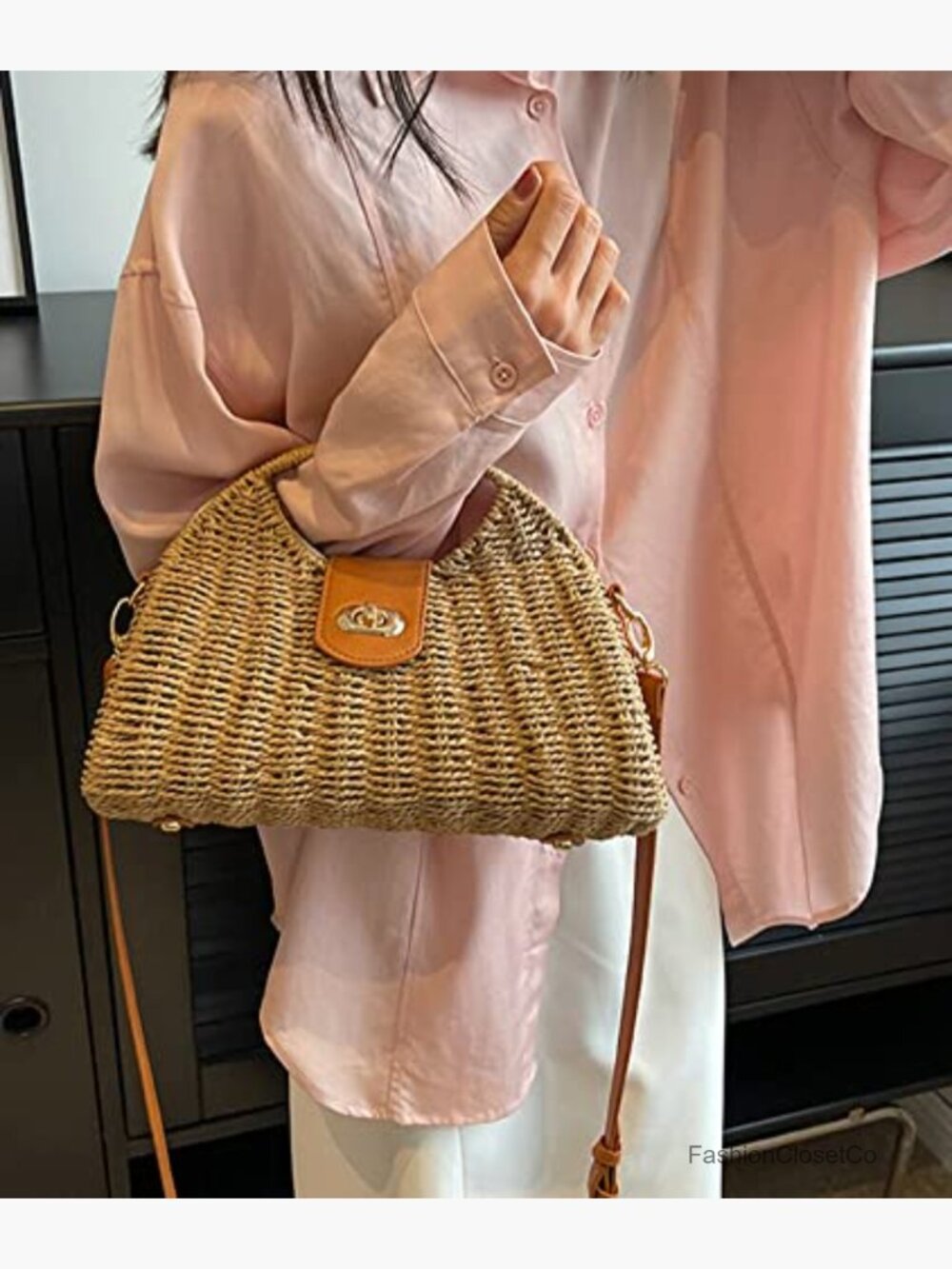 Straw Handwoven Top-Handle Crossbody Tote Clutch Bag for Travel - Picture 2 of 6